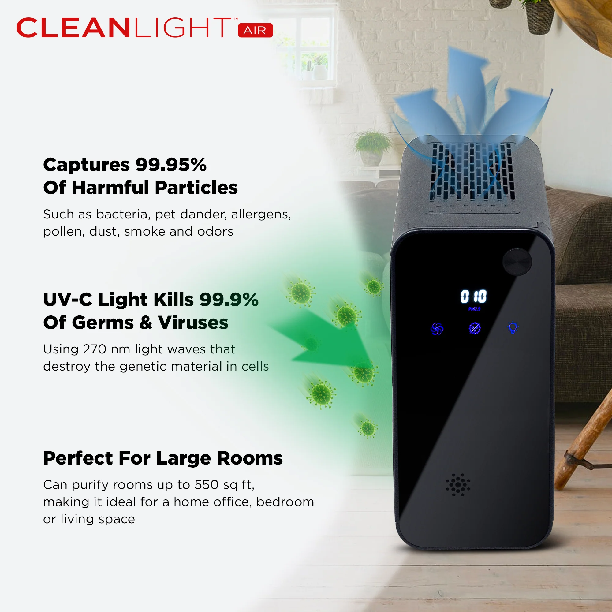 CleanLight Air XL | UV-C Light Kills 99.99% of Airborne Germs | 550 SQ FT area - Image 3